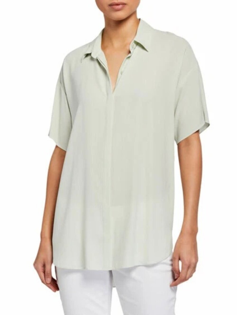 NWT Eileen Fisher MIST Silk Georgette Crepe Classic Collar Shirt
